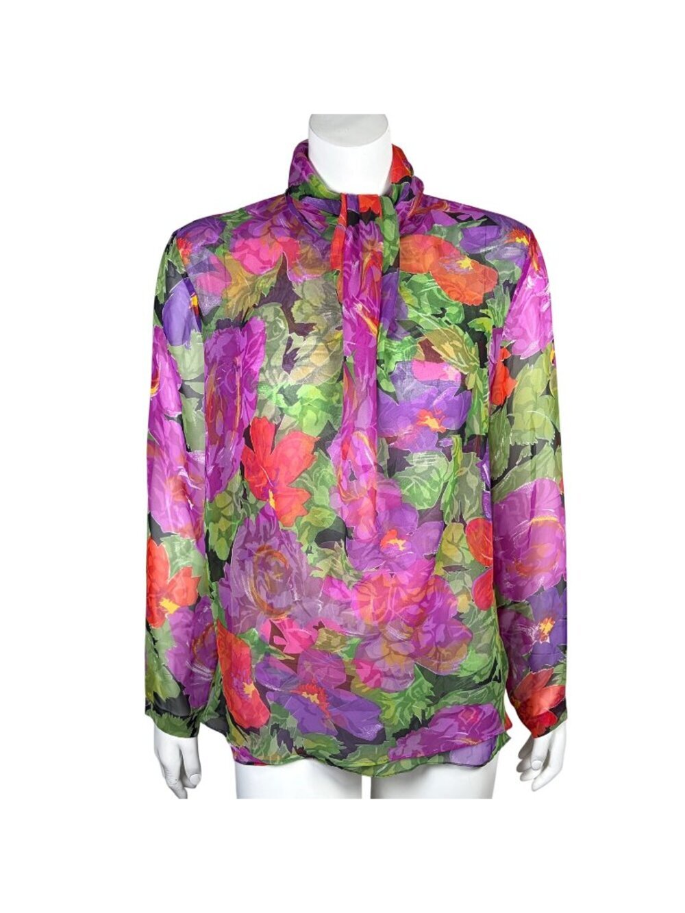 Vintage San Andre Floral Sheer Blouse Size 8 High Neck Tie Detail
